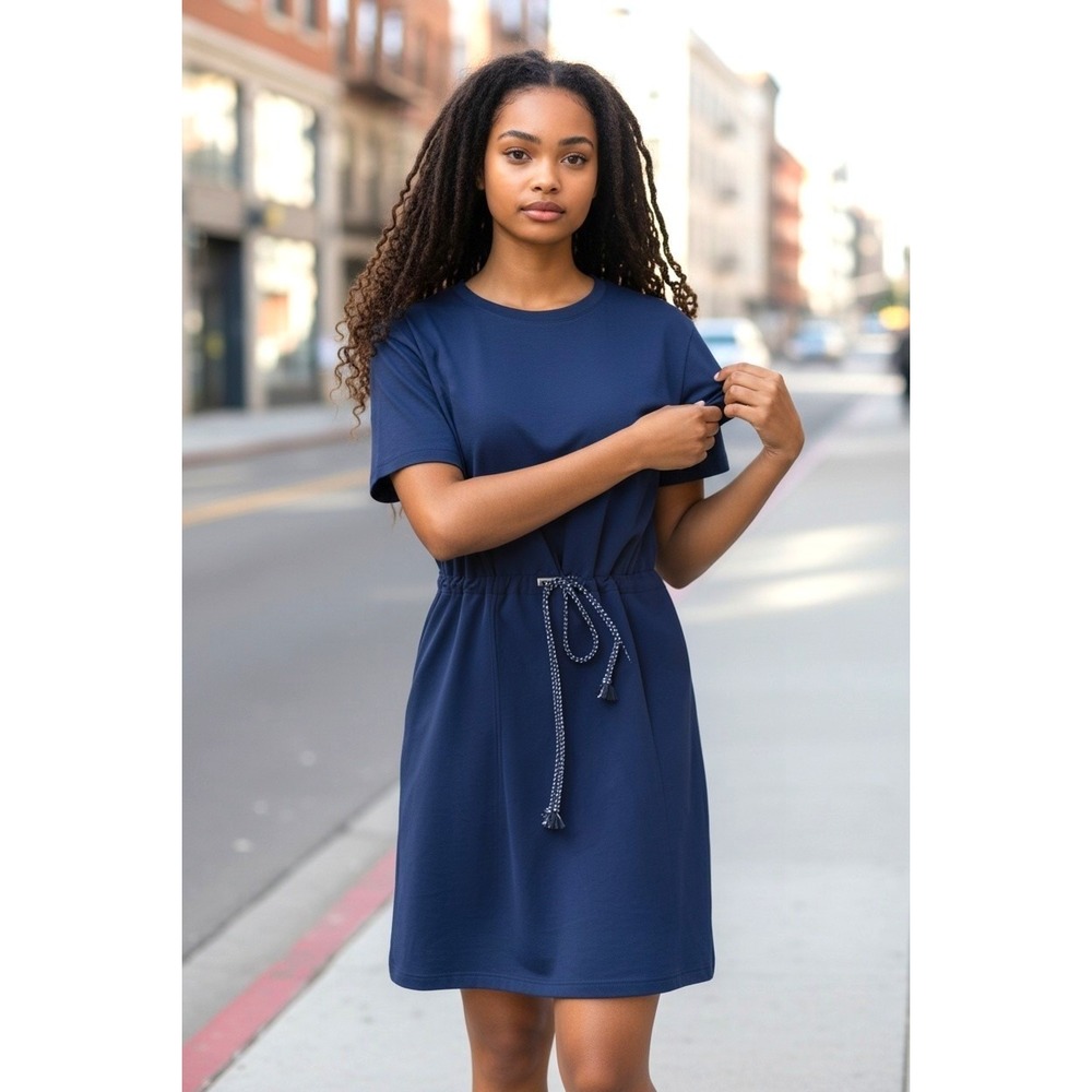 (A-18)Belle by Kim Gravel Petite Dress MP Blue Drawstring Stretch Short Sleeve